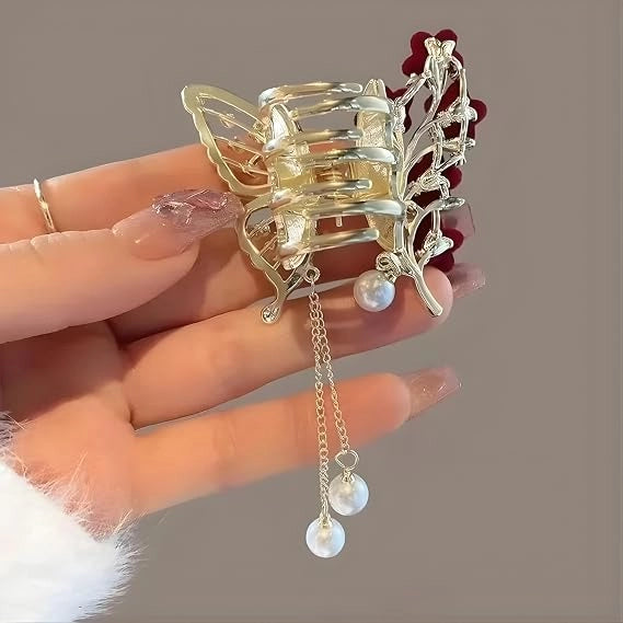 Luxury Butterfly Hair Claw Clip with Sparkling Rhinestones, Velvet Flowers & Dangling Pearl Tassels - Elegant Decorative Hair Accessory for Women, Girls, Brides, Weddings, Parties