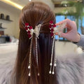 Luxury Butterfly Hair Claw Clip with Sparkling Rhinestones, Velvet Flowers & Dangling Pearl Tassels - Elegant Decorative Hair Accessory for Women, Girls, Brides, Weddings, Parties